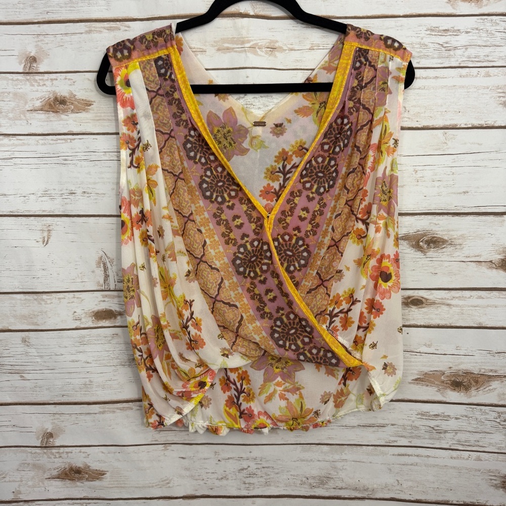 Free People White Havana Print Surplice Sleeveless Boho Tank Top